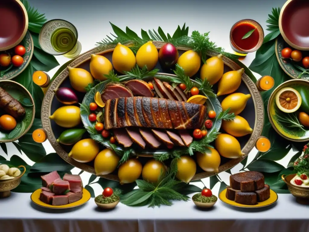 Una mesa de banquete romano detallada con una variedad de platos y decoración auténtica, evocando la sofisticación de la cocina romana