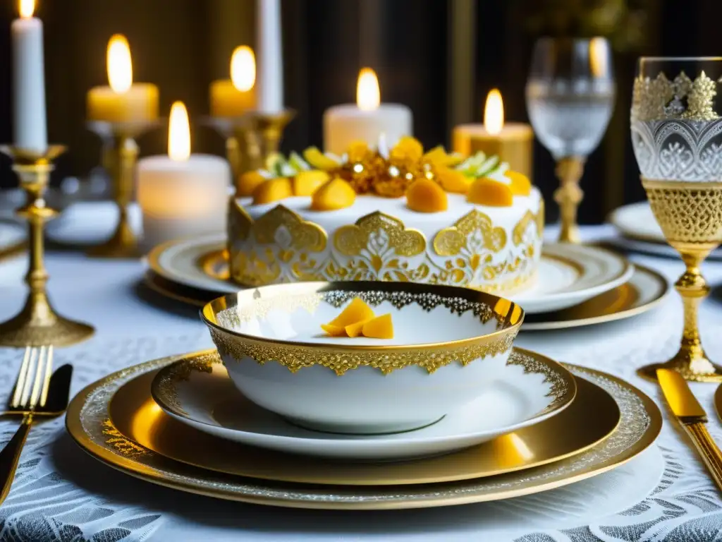 Una mesa de banquete rusa opulenta con exquisita vajilla de oro, cristalería brillante y cubiertos de plata sobre mantel de encaje blanco