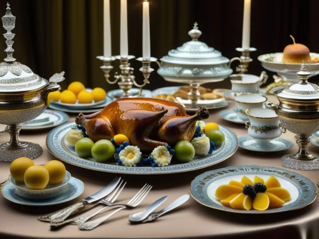 La mesa de banquete del siglo XVIII con influencias europeas en la cocina, llena de lujo y detalles exquisitos bajo la luz de las velas