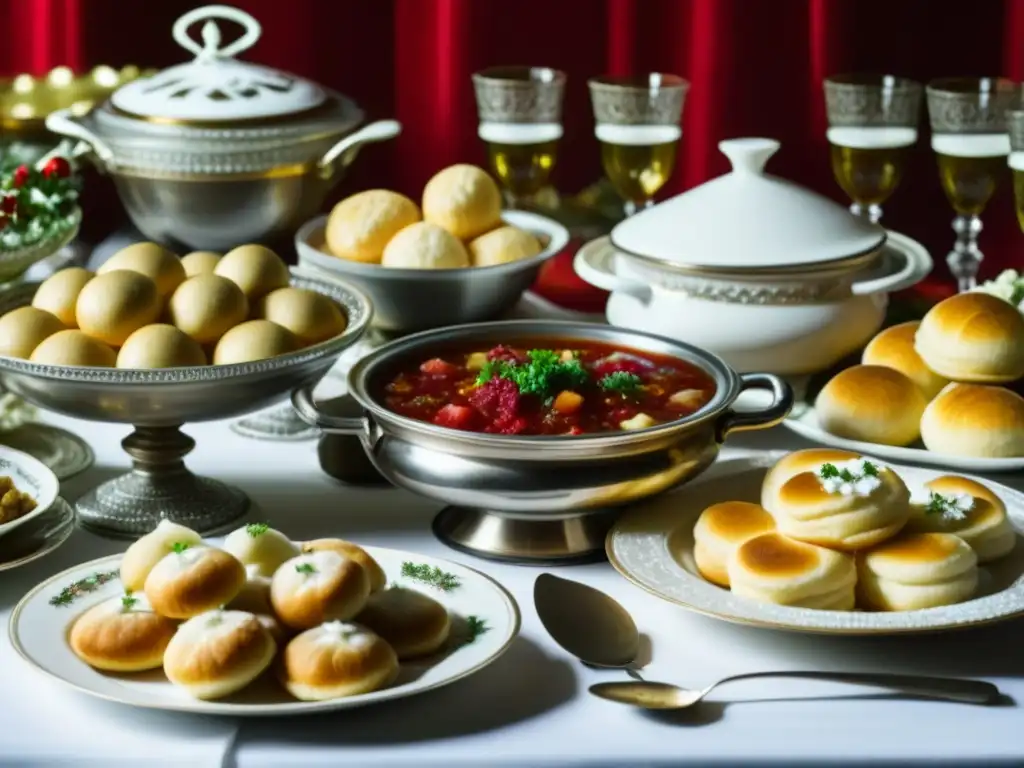 Una mesa de banquete soviético lujoso rebosante de platos tradicionales y detalles ornamentados