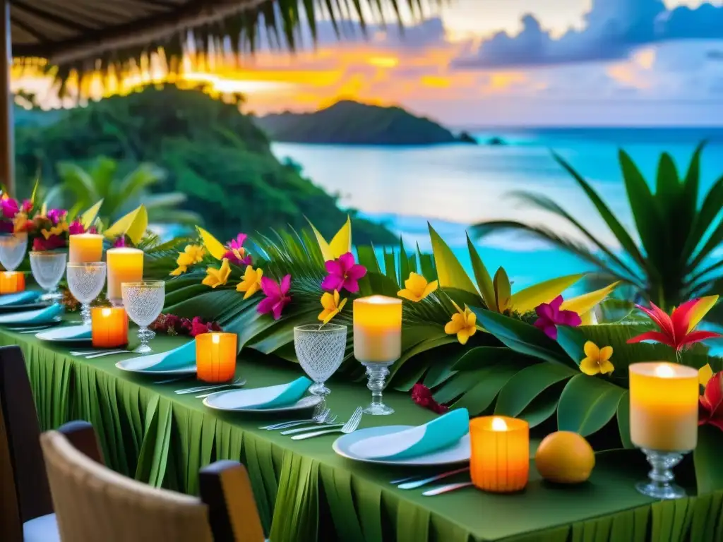 Una mesa de banquete tradicional del Pacífico adornada con hojas de palma tejidas, flores tropicales y frutas exóticas y mariscos, resalta la importancia de la comida en ritos del Pacífico