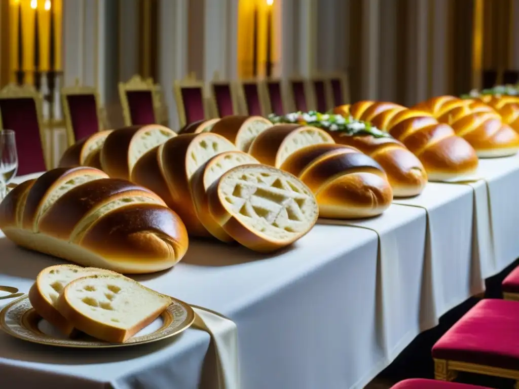 Mesa de banquete con variedades de pan rusas zaristas en un salón lujoso, evocando opulencia y tradición