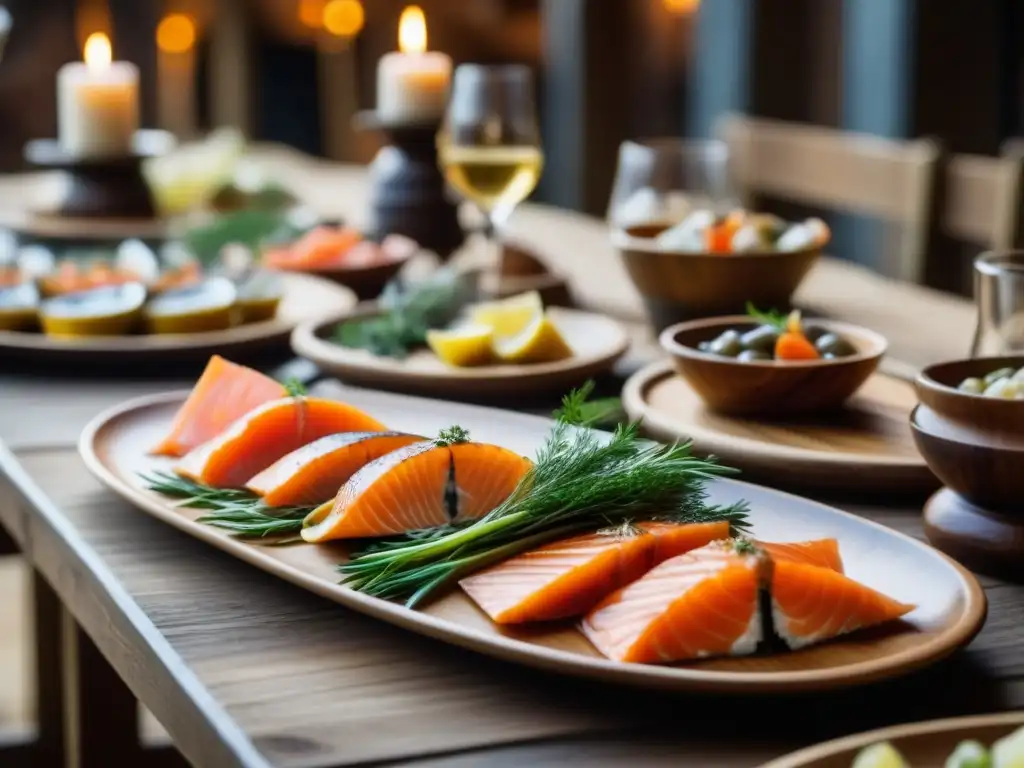 Una mesa de banquete vikingo con deliciosos platos de pescado y bebidas en un salón iluminado por antorchas