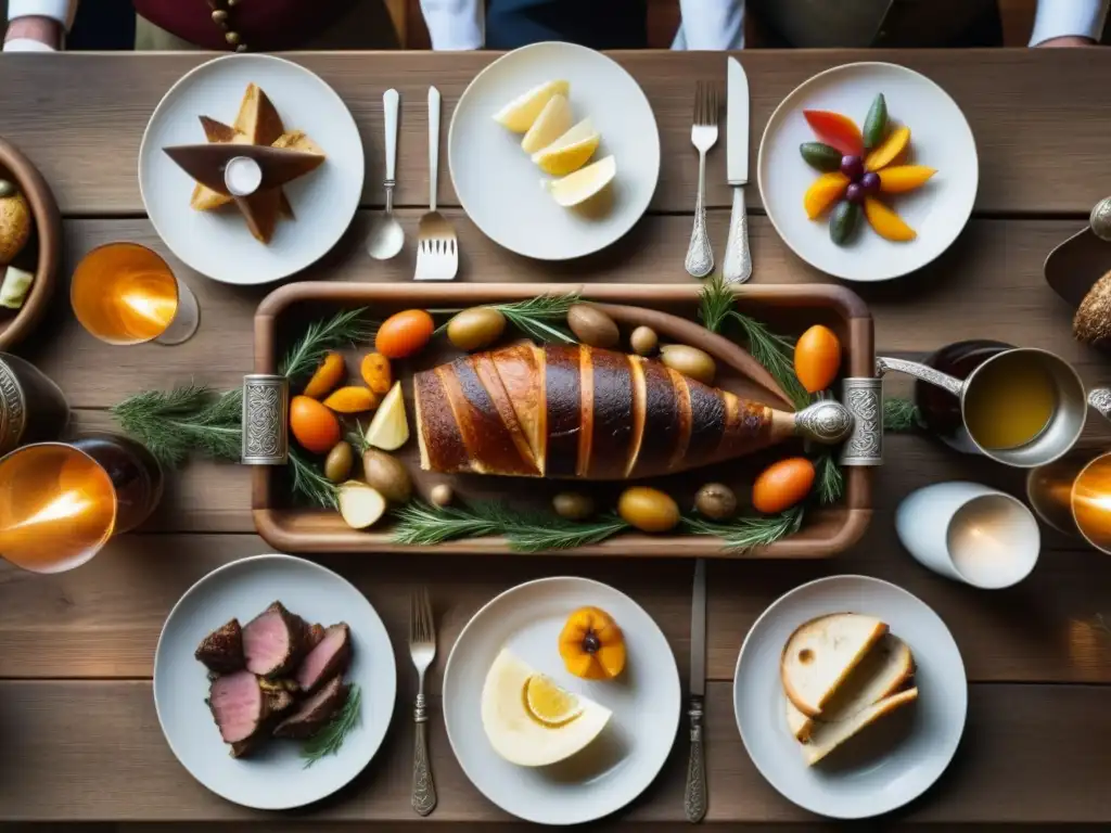 Una mesa de banquete vikingo tradicional histórica con plata y comida abundante