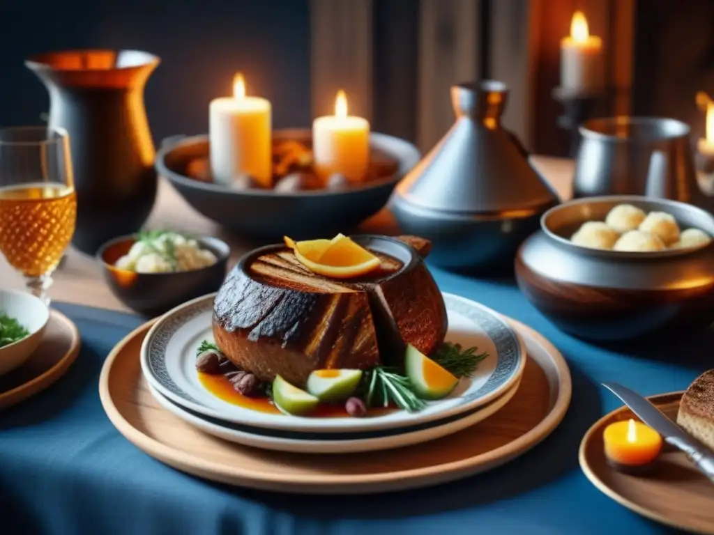 Una mesa de banquete vikingo tradicional histórica, con platos y bebidas auténticas, iluminada por velas cálidas