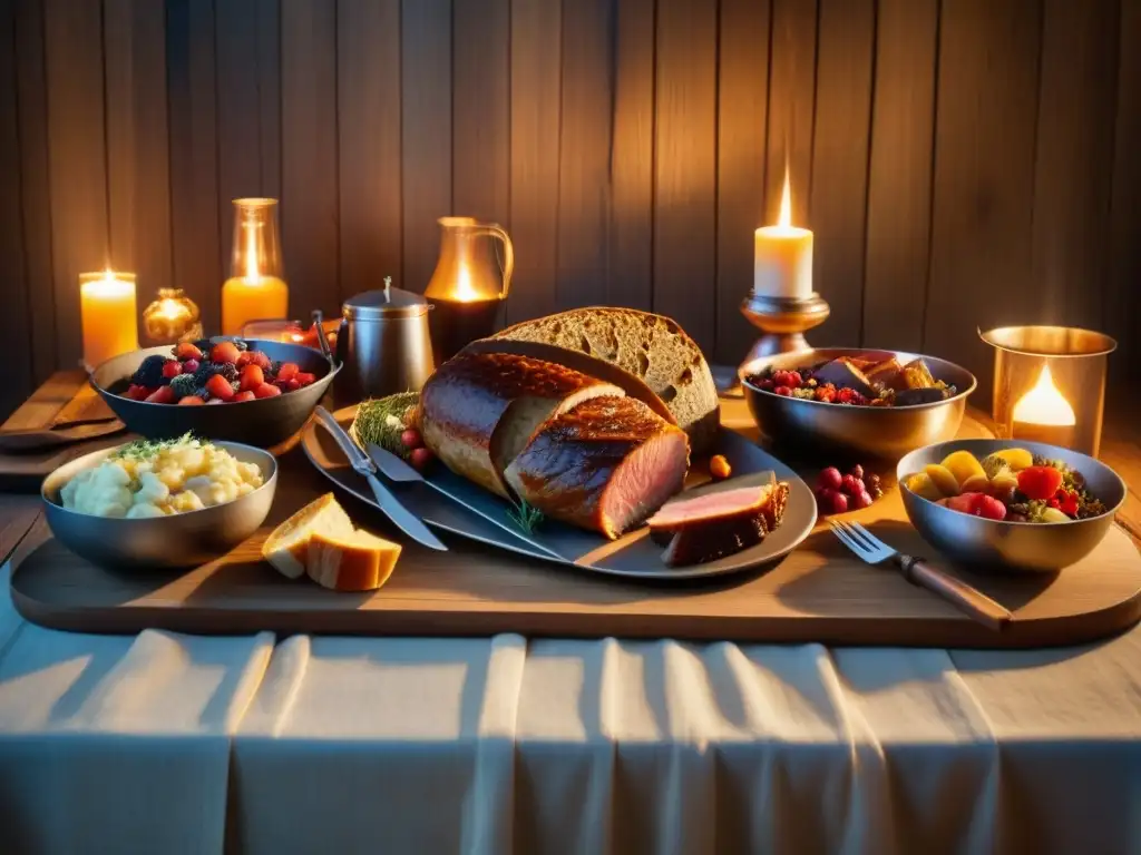 Una mesa de banquete vikingo con una variedad de alimentos tradicionales, utensilios y velas