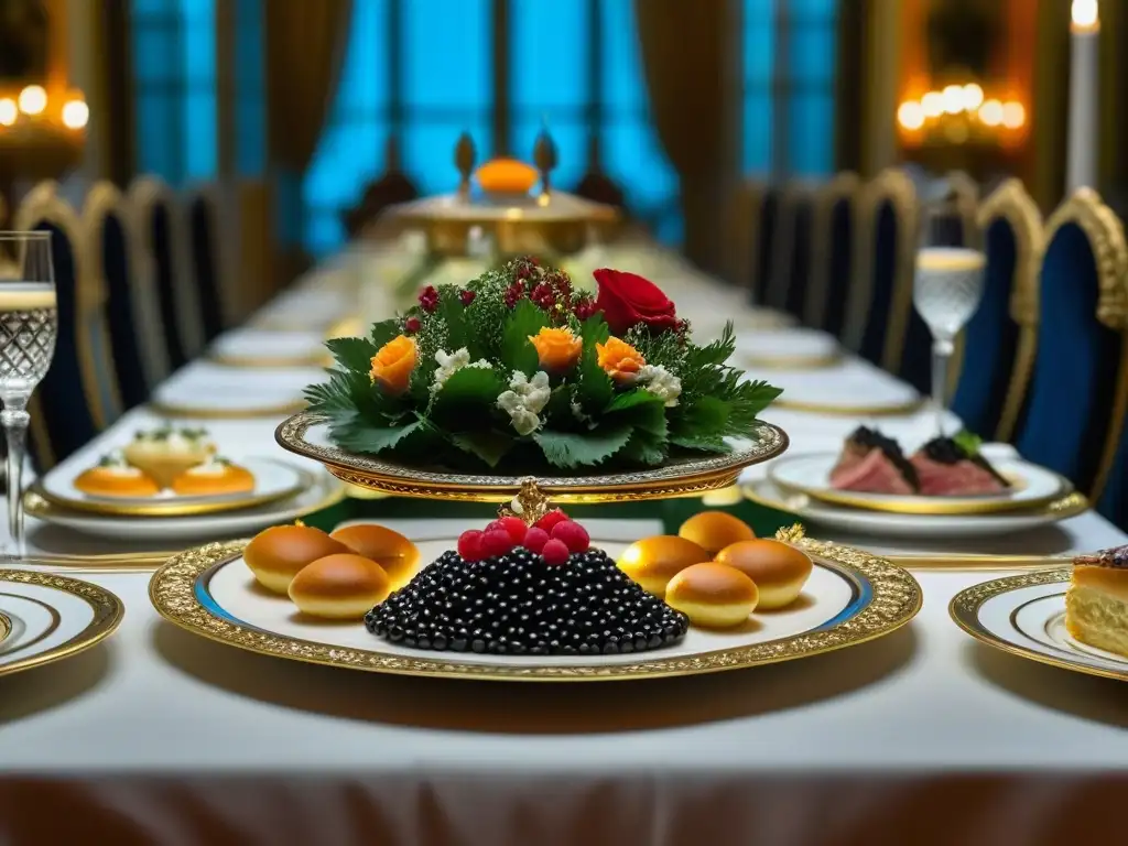 Una mesa banquetes lujosa en el palacio del zar, con vajilla opulenta y manjares decadentes