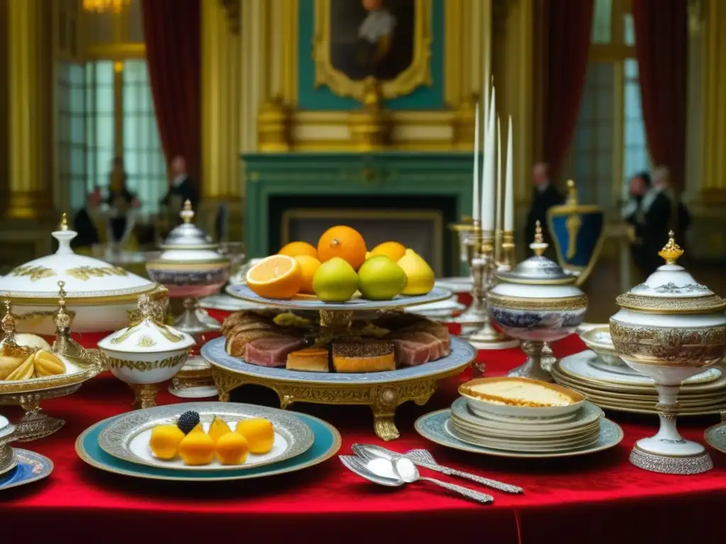 Una mesa de banquetes suntuosa en la corte de Catherine the Great, rodeada de nobles en trajes históricos, evocando la cocina histórica en la corte