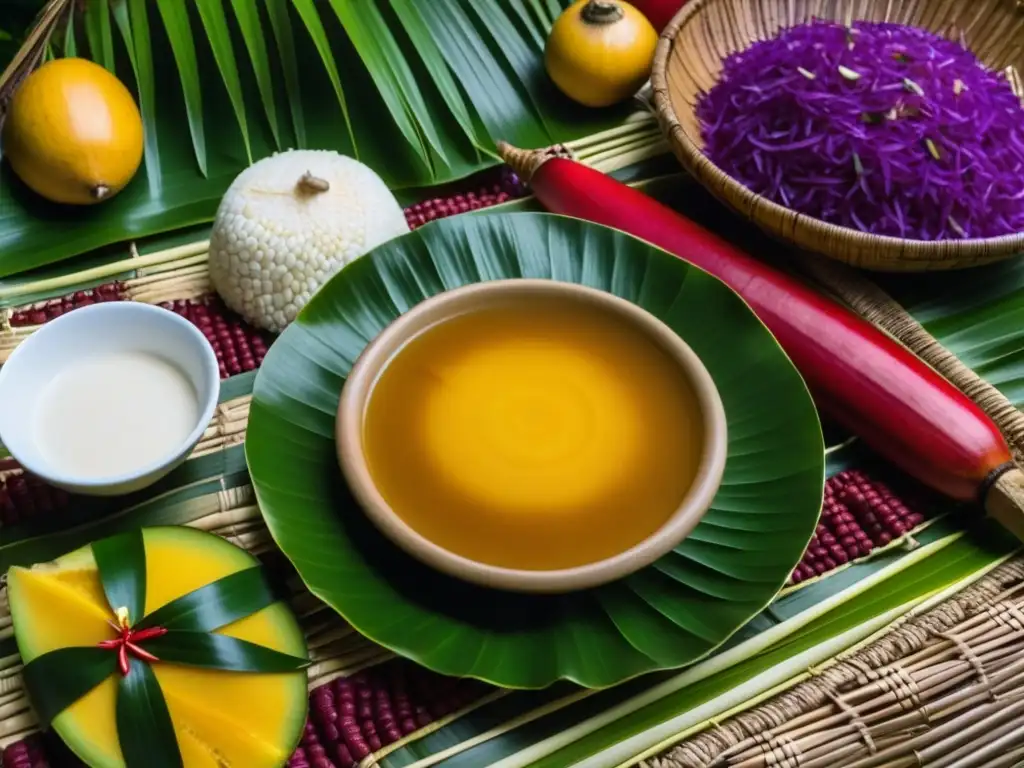 Una mesa de banquetes tradicionales de Micronesia, detallada y colorida, resalta la diversidad cultural en eventos sociales