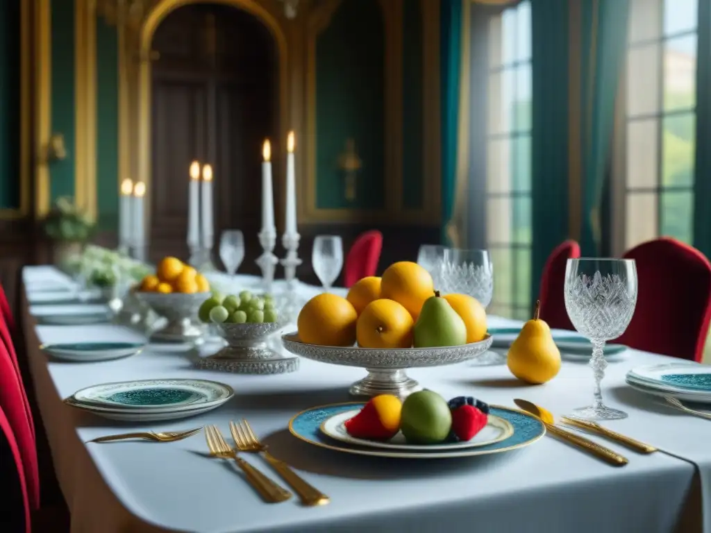 Exquisita mesa barroca con detalles ornamentales Una mesa del Barroco Francés con exquisita vajilla de plata, cristalería brillante, y frutas exóticas en un elegante salón de chateau