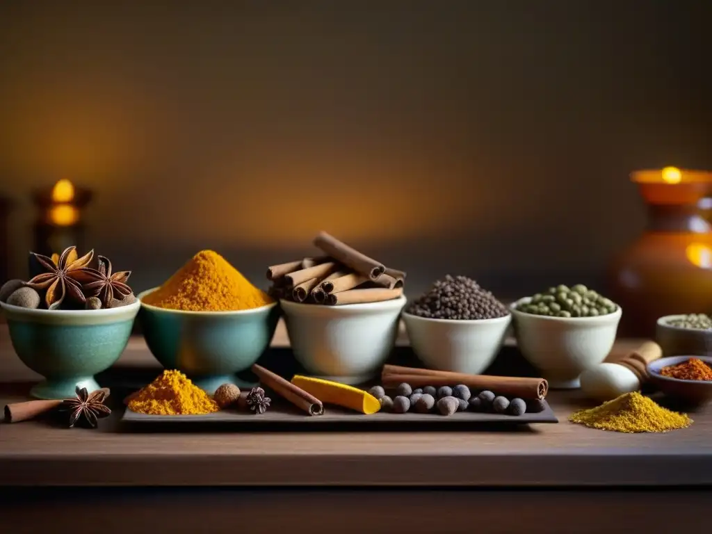 Tabla apotecaria ancestral: especias históricas en detalle Una mesa de boticario antigua con especias históricas, resaltando sus colores y texturas