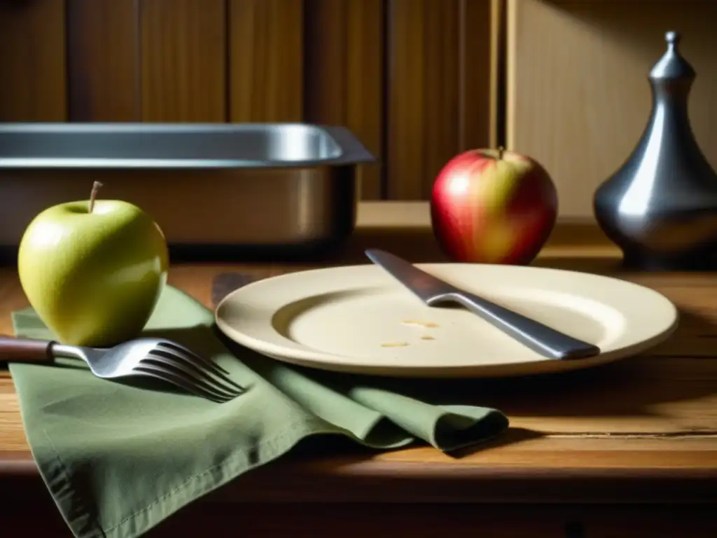 Una mesa de cocina de la era de la Revolución Industrial muestra restos de comida: una manzana a medio comer, una servilleta arrugada y un tenedor