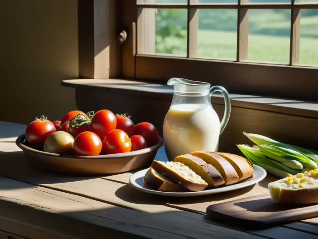 La mesa de la cocina de un granjero americano del siglo XIX rebosa con productos frescos, inspirando una dieta tradicional de la granja a la mesa