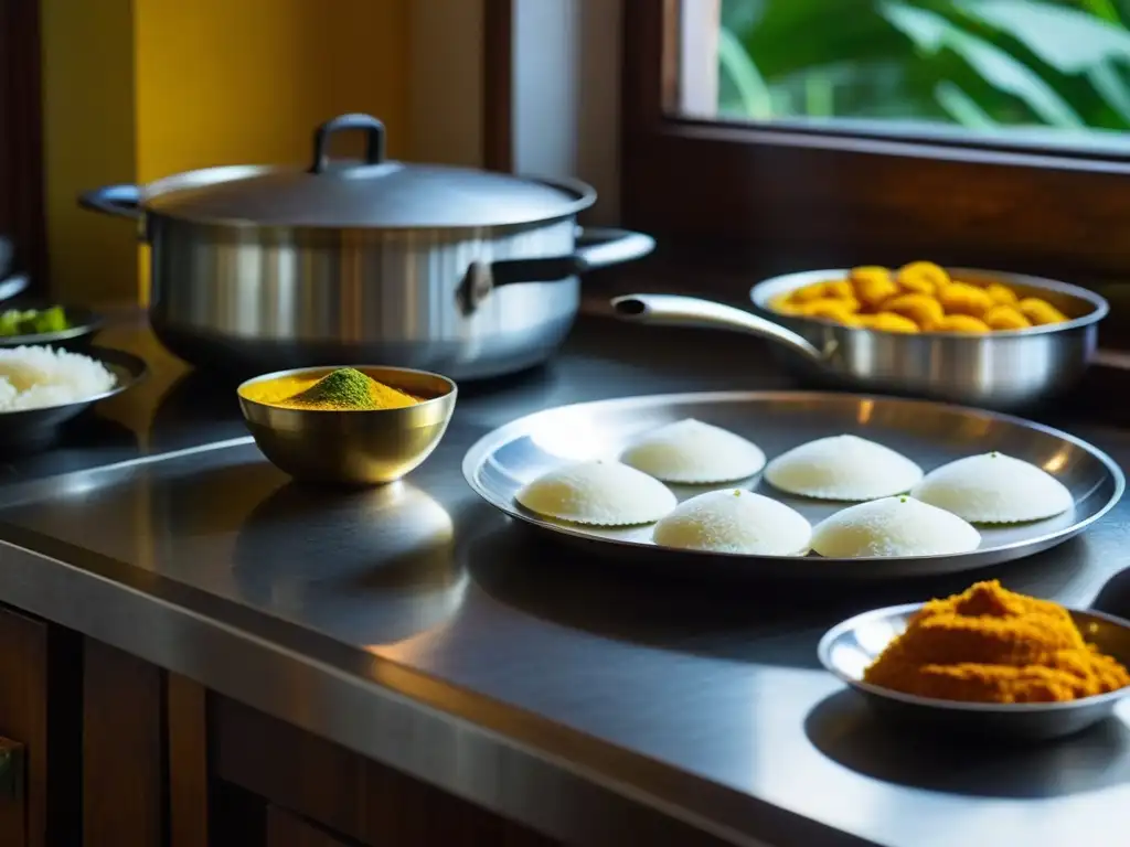 Una mesa de cocina sur india con moldes de idli y sartenes de dosa, resplandeciendo tradición y color