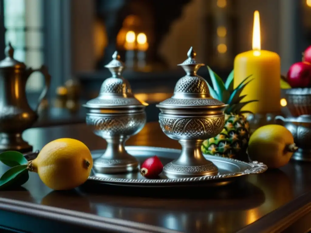 Una mesa de cocina barroca llena de detalles: salseras de plata, especieros ornamentales y frutas exóticas