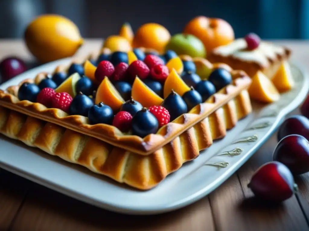 Una mesa de cocina medieval decorada con pasteles de frutas históricos