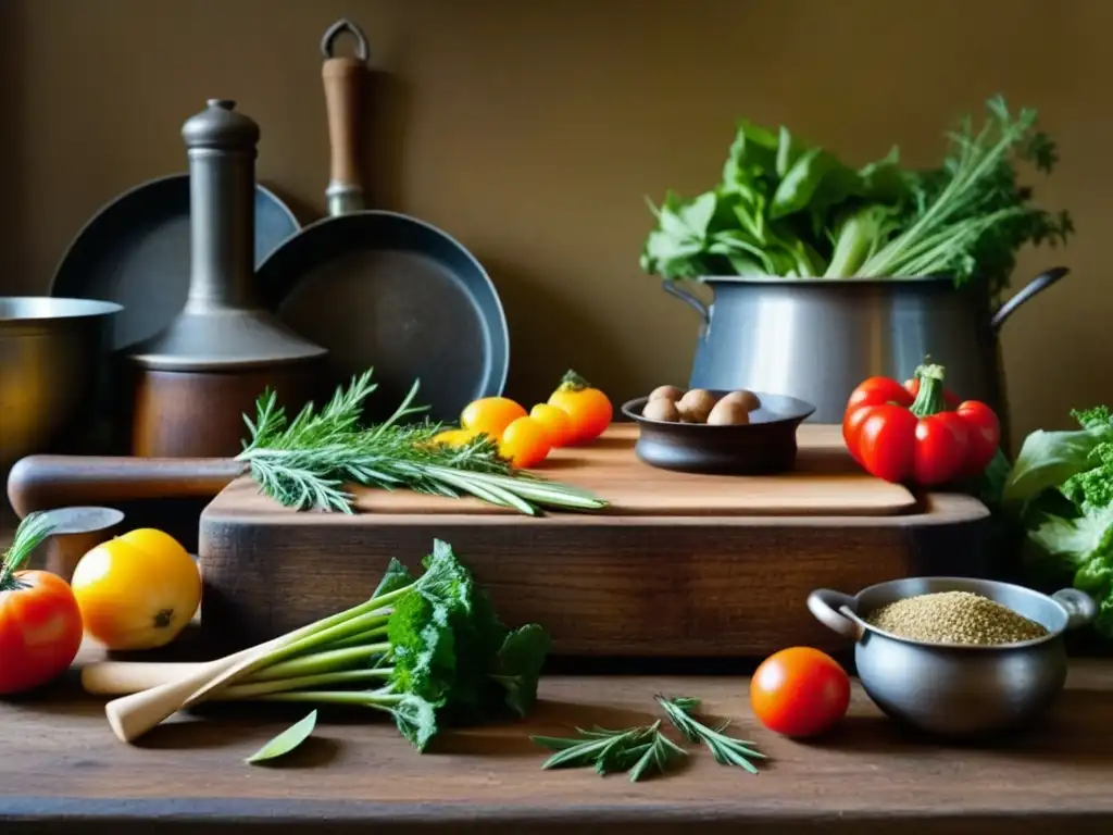 Una mesa de cocina medieval con ingredientes y utensilios de la época