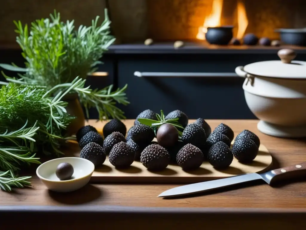 Una mesa de cocina medieval con trufas negras, blancas y burdeos entre hierbas aromáticas, resaltadas por la tenue luz del lugar