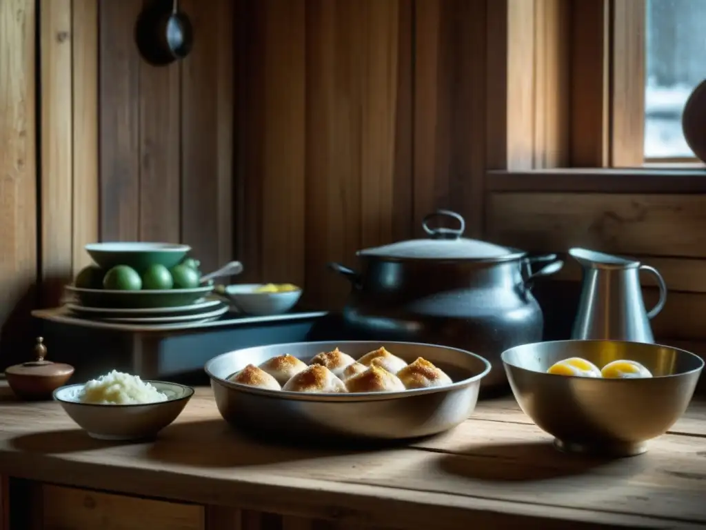 Una mesa de cocina rusa en período soviético con platos tradicionales y atmósfera nostálgica