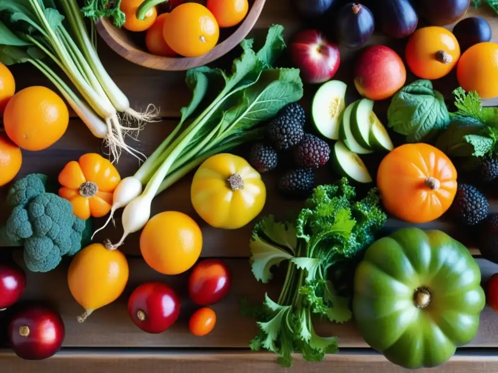 Una mesa de cocina rústica repleta de frutas y verduras frescas, resaltando la importancia de los ingredientes locales en la cocina tradicional