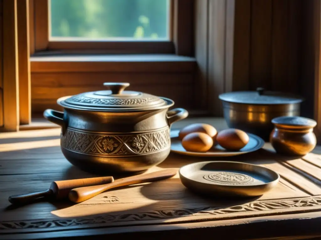 Una mesa de cocina soviética desgastada con utensilios vintage, bañada por la luz del sol