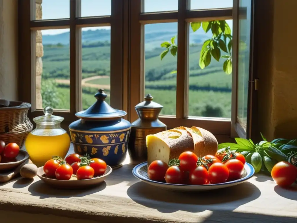 Una mesa de cocina toscana medieval con ingredientes auténticos