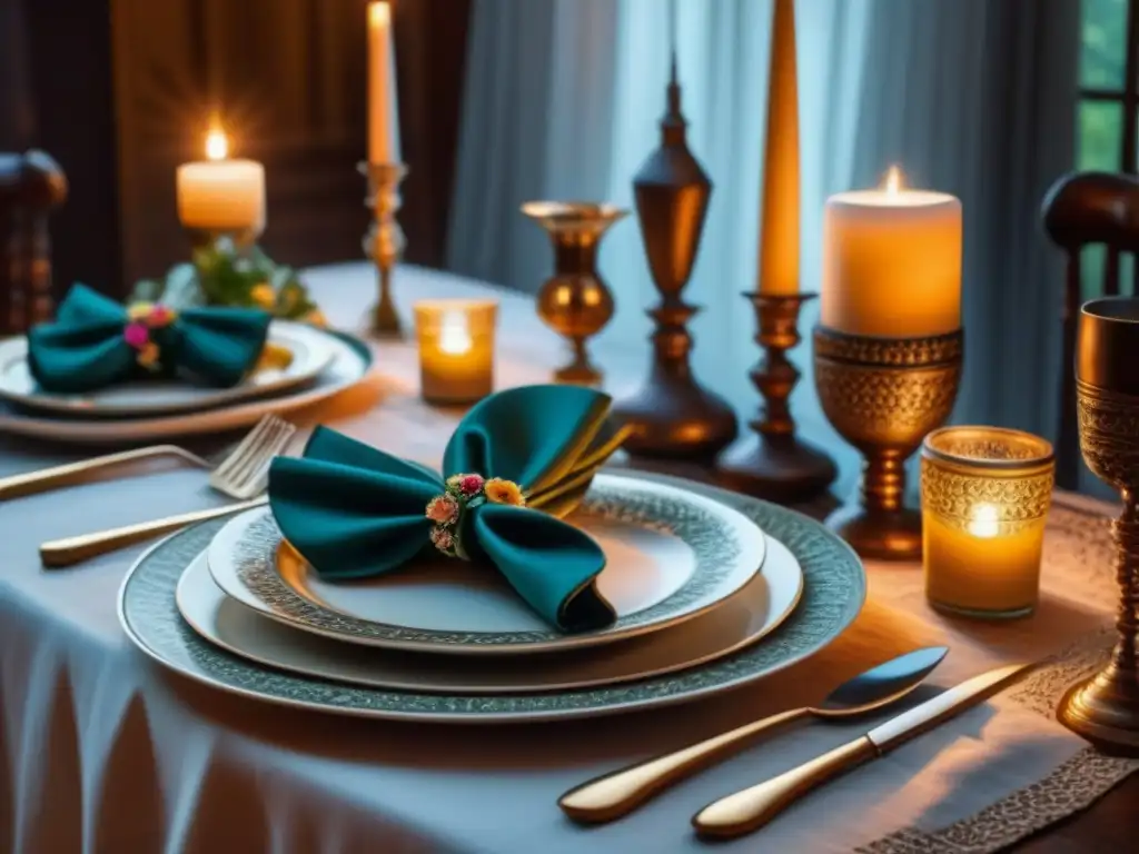 Una mesa colonial africana bellamente decorada con vajilla de plata, platos de porcelana y cristalería, reflejando una fusión cultural