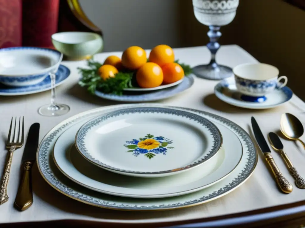 Una mesa colonial exquisitamente decorada con cubiertos de plata, vajilla de porcelana y cristalería, mostrando recetas históricas cultura colonial