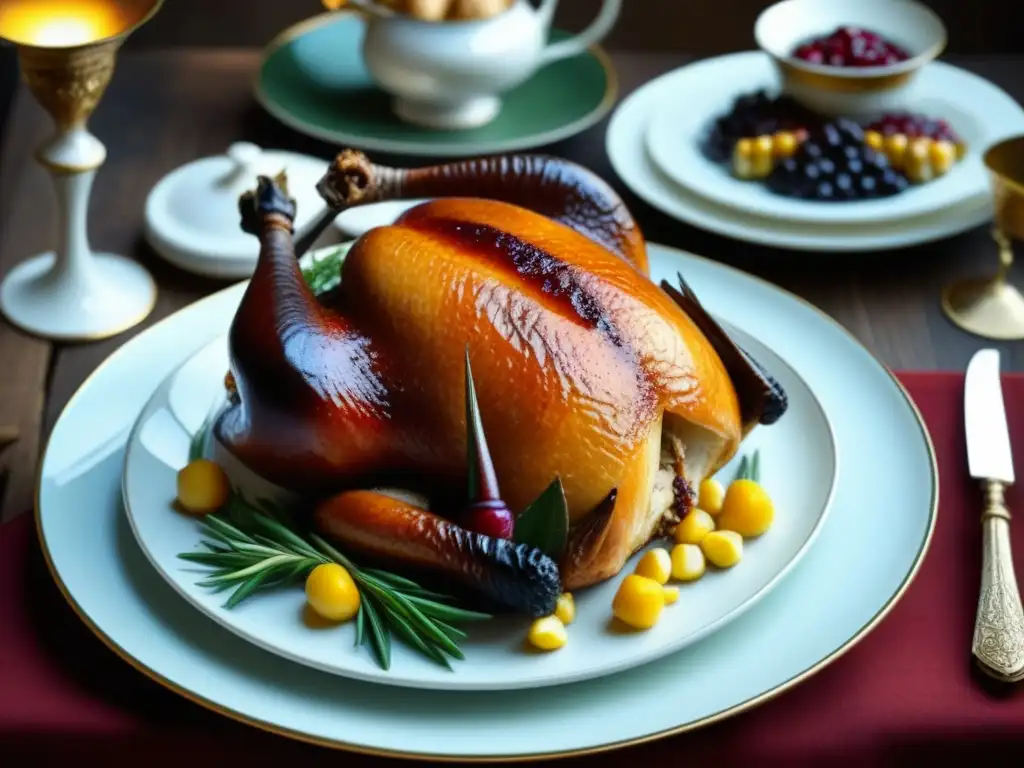 Una mesa colonial detallada con recetas históricas culturas épocas relevancia: pavo, maíz, estofado y pastel de manzana