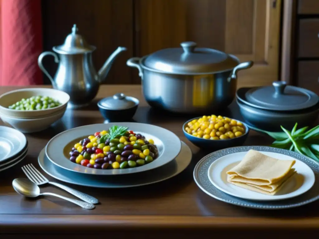 Una mesa colonial llena de recetas históricas culturas épocas relevancia: succotash, johnnycakes y pemmican