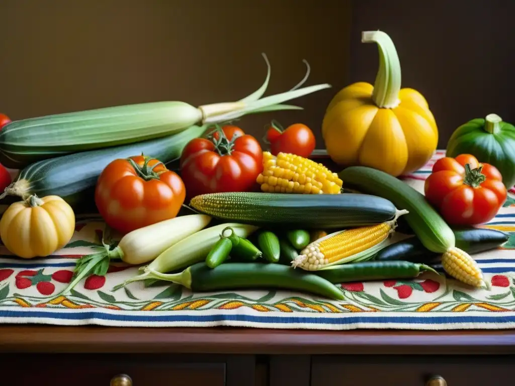 Una mesa colonial llena de vegetales históricos en la dieta como maíz, calabaza, frijoles y tomates, resaltando sus colores y texturas vibrantes