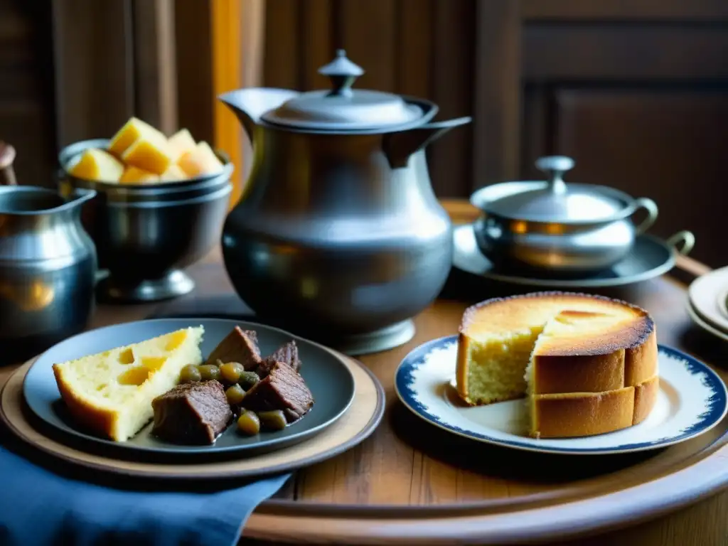 Banquete colonial del siglo XVIII: comida y tradición histórica Una mesa colonial del siglo XVIII con recetas históricas de la Revolución: guiso de carne, pan de maíz, carnes asadas y sidra casera