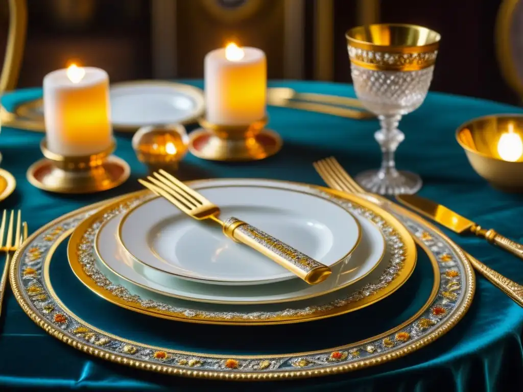 Una mesa de comedor de la cocina imperial rusa, lujosa y detallada, evoca la opulencia de un banquete aristocrático