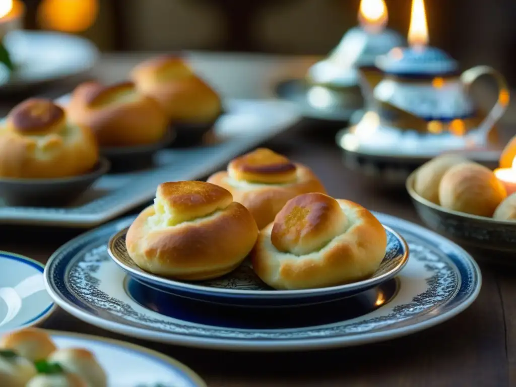 Una mesa de comedor decorada en la era de los Zares con tradicionales platos de ayuno como Pirozhki, Blini y Ukha