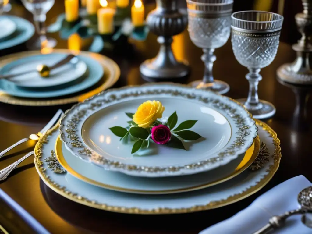 Exquisita mesa de comedor barroca francesa Una mesa de comedor barroca francesa con exquisita vajilla, cubertería y cristalería, muestra la etiqueta en la mesa Barroco Francés