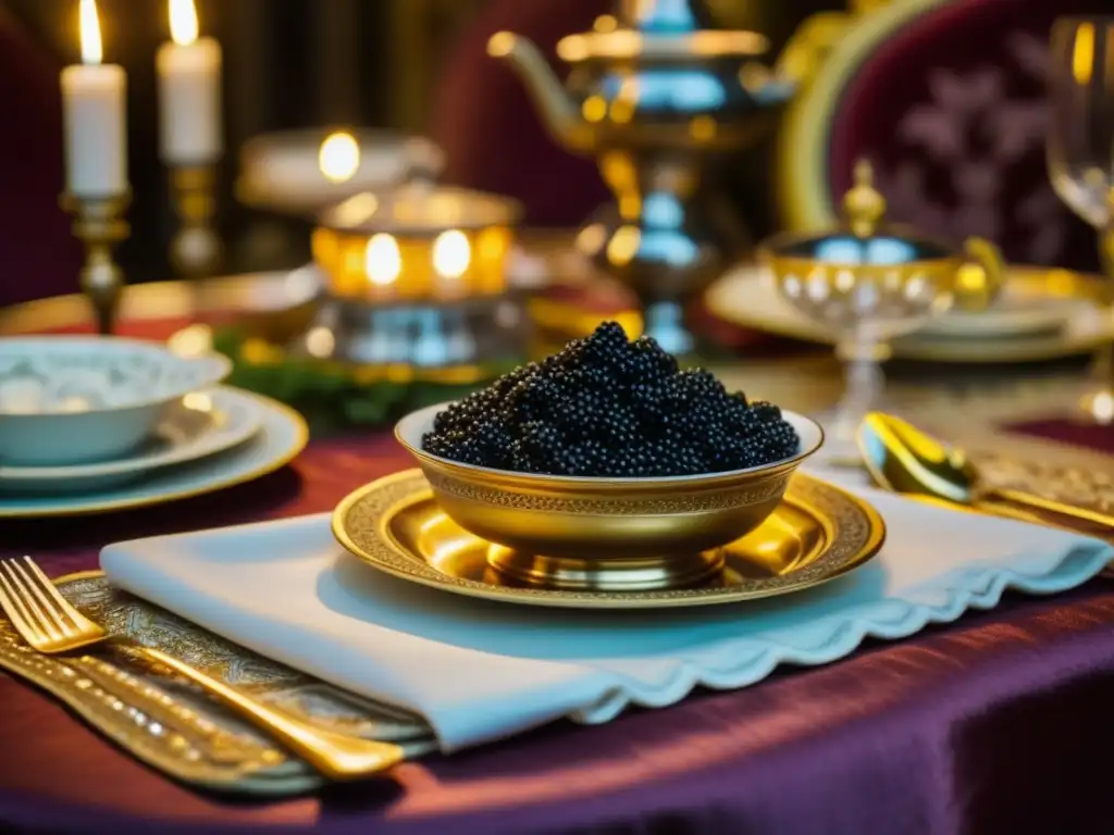 Una mesa de comedor lujosa con cocina rusa en un ambiente opulento, evocando la opulencia y austeridad de las revoluciones