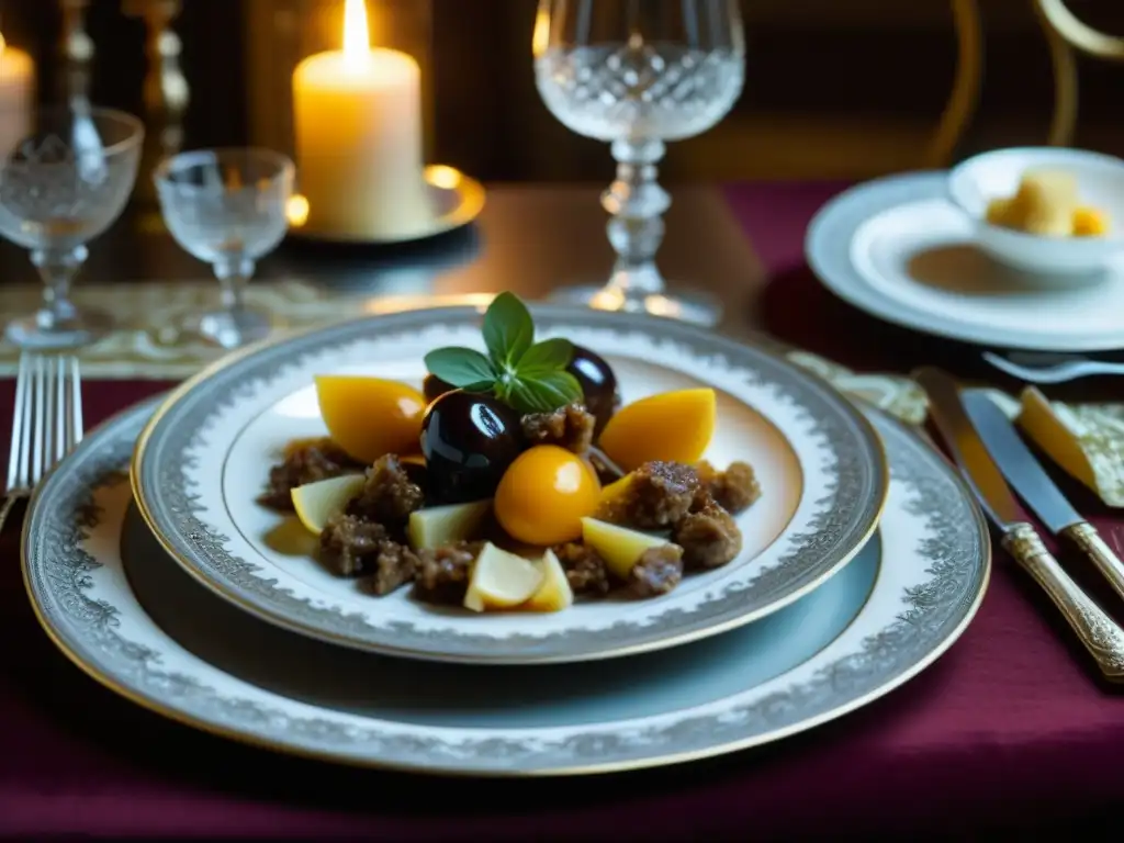 Una mesa de comedor lujosa en el estilo barroco francés con un festín de coq au vin y más