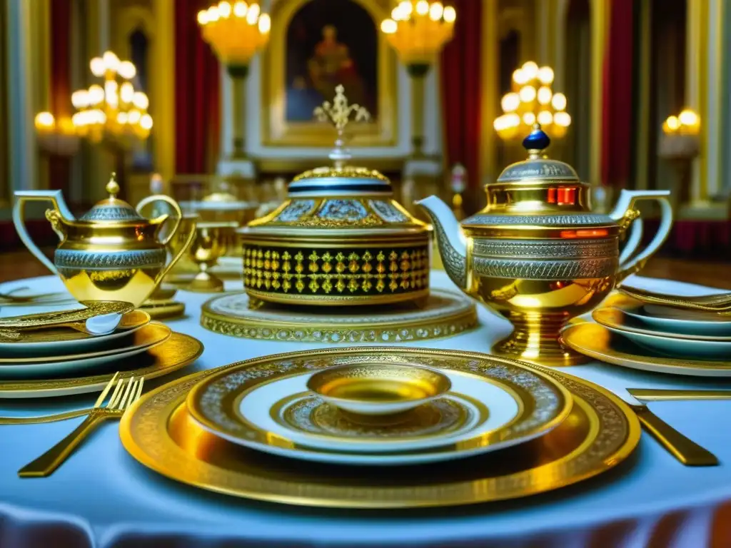 Una mesa de comedor lujosa en un palacio ruso, con una exquisita comida tradicional