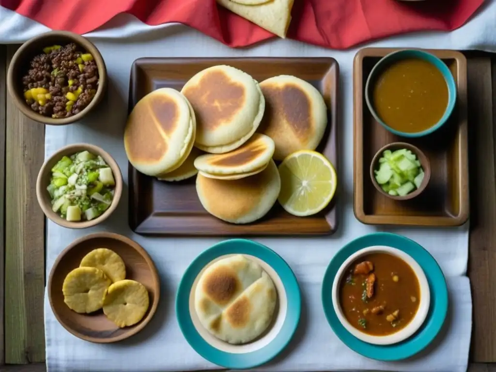 Una mesa de comedor de madera antigua con comida tradicional colombiana del siglo XIX, mostrando estrategias alimentarias en guerras de independencia