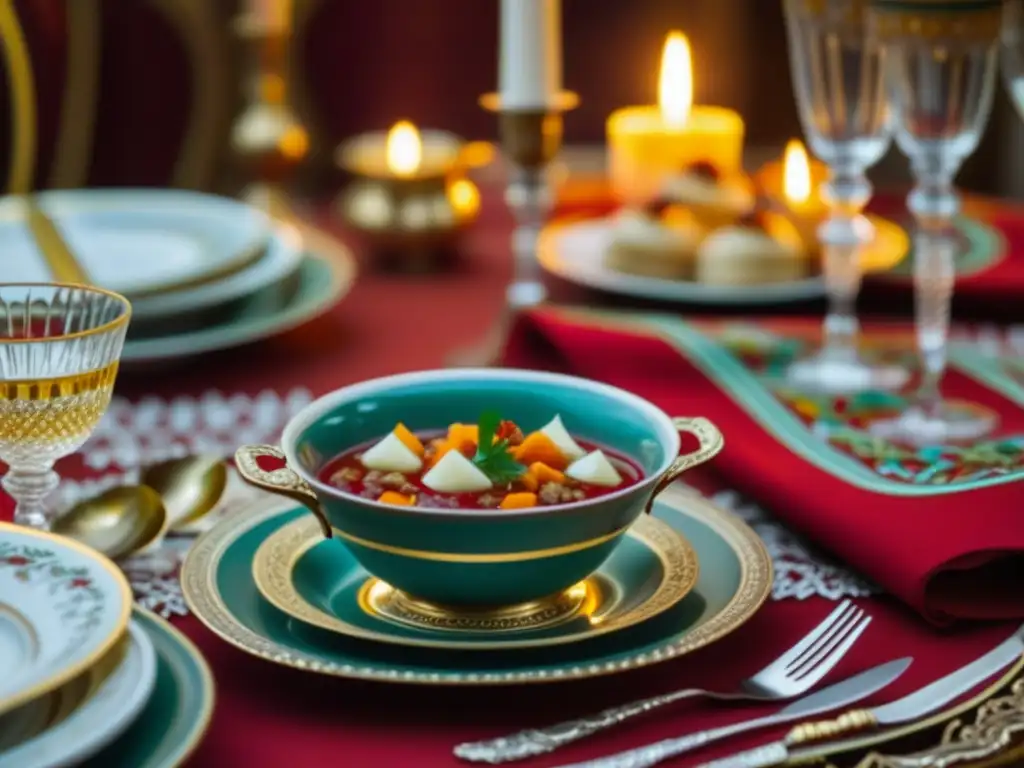 Una mesa de comedor rusa tradicional bellamente decorada con platos típicos y cubiertos de plata, bajo una cálida luz de velas