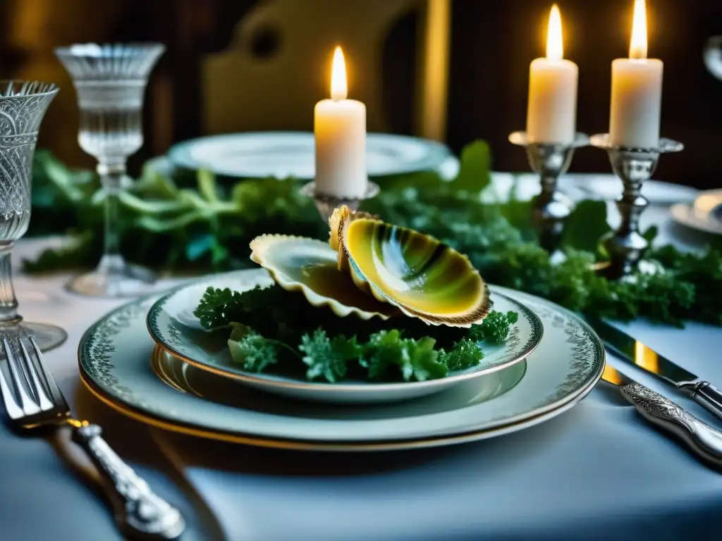 Una mesa de comedor de la era victoriana con almejas gigantes, rodeada de lujo y elegancia