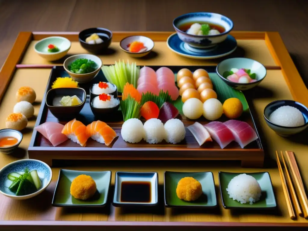 Una mesa de comida japonesa Edo sostenible con sashimi fresco, onigiri y sopa de miso, resaltando los detalles y colores vibrantes