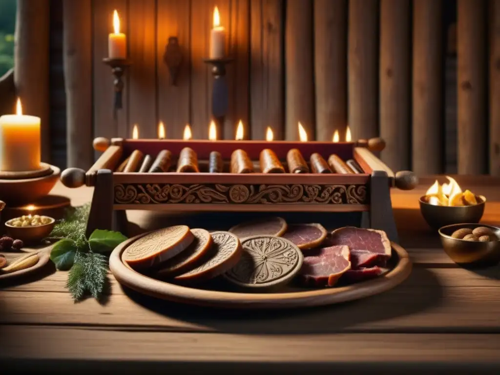 Una mesa ceremonial nórdica previkinga con comida ritual y decoración intrincada