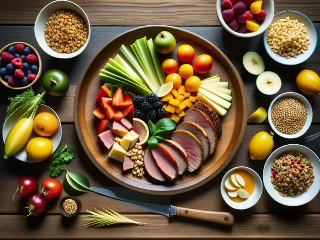 Una mesa de comida vikinga con frutas, verduras, granos y carnes, resaltando frescura y diversidad