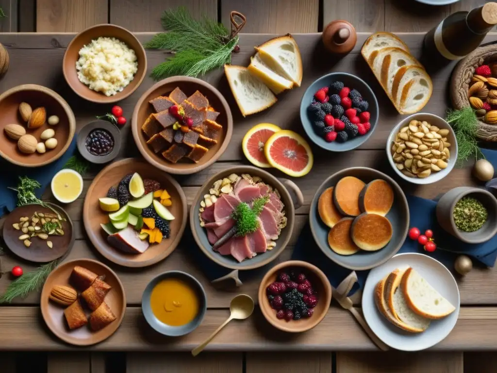 Una mesa de comidas festivas nórdicas previkingas detalladamente adornada con carnes, pescados, frutos, nueces y pan, iluminada por antorchas