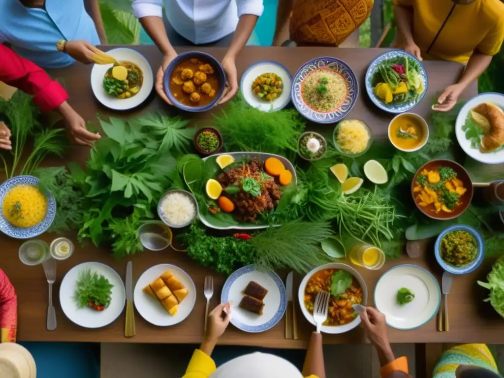 Una mesa comunitaria con personas diversas compartiendo platos tradicionales de todo el mundo, en un entorno natural