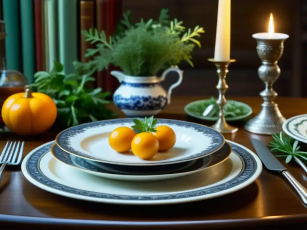 Una mesa elegantemente decorada con artefactos culinarios antiguos y recetas históricas culturales