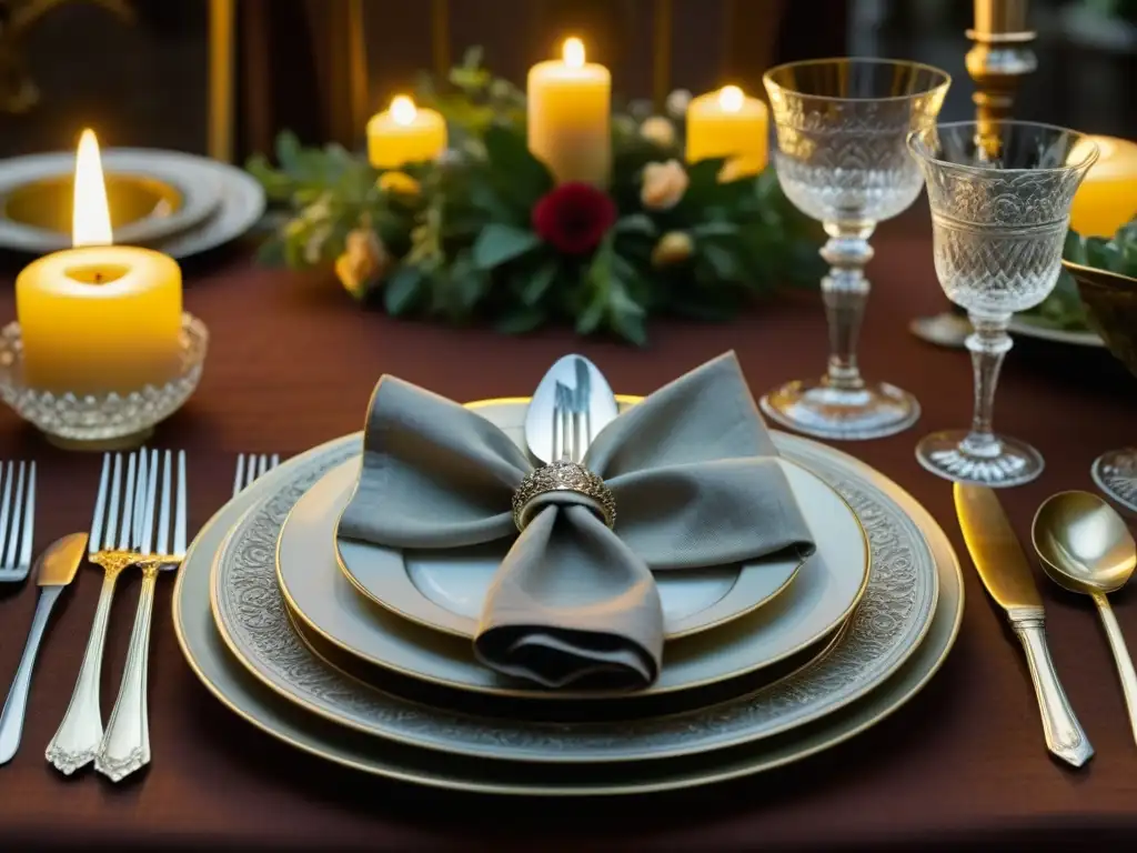 Una mesa exquisitamente decorada con cubiertos antiguos y copas de cristal, mostrando un festín de Recetas históricas época dorada americana