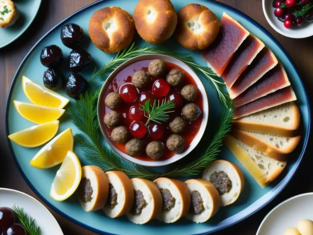 Una mesa exquisitamente decorada con delicias suecas tradicionales como arenque, albóndigas y mermelada de arándanos