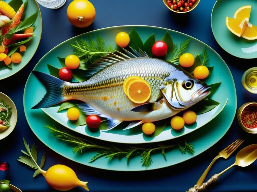 Una mesa lujosamente decorada con exquisitos platos de pescados abásidas, en un festín histórico